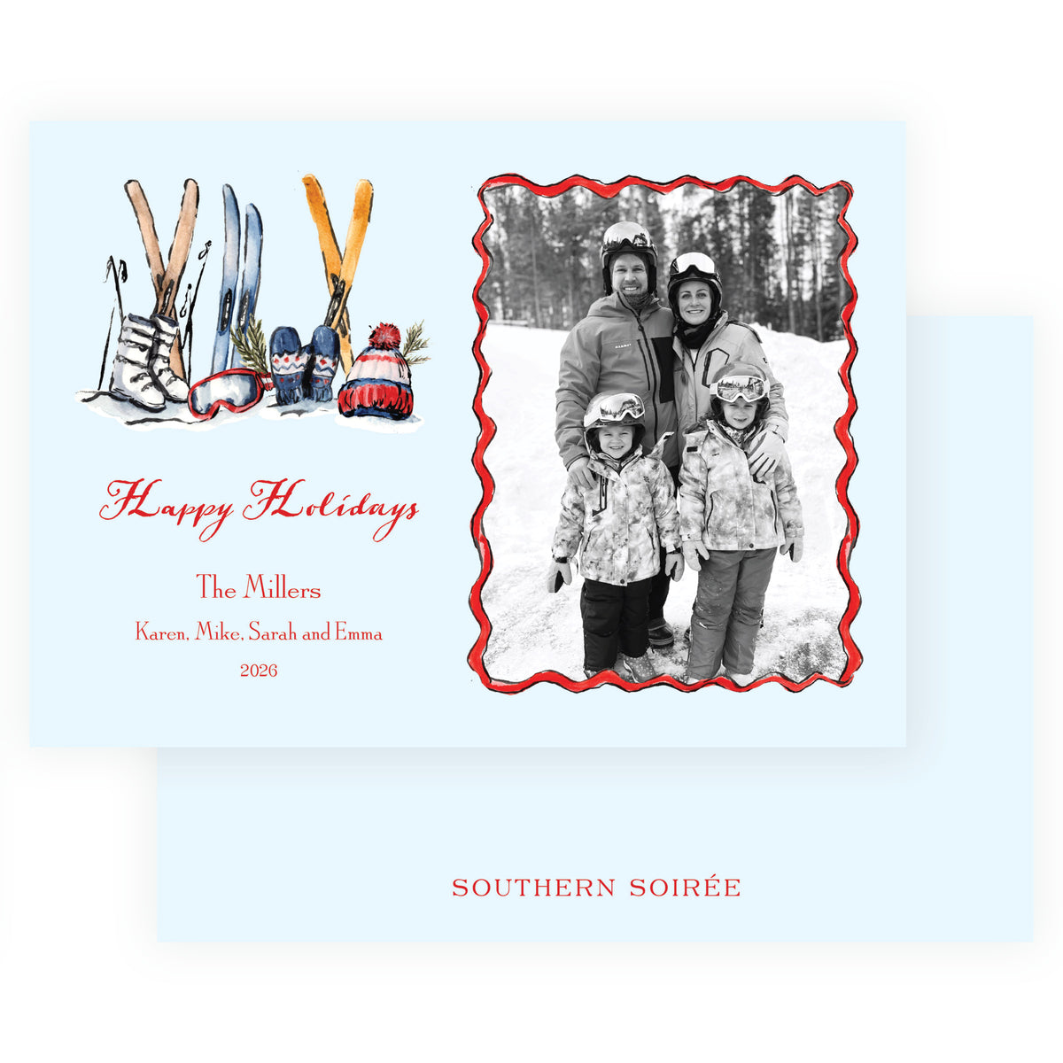 Blue personalized ski Christmas photo card with watercolor skis boots goggles and winter gear