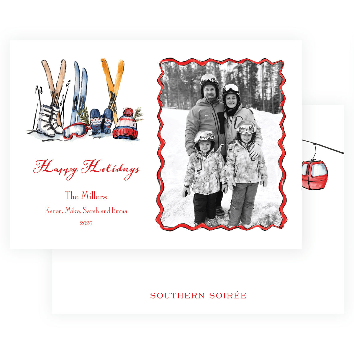 Landscape Christmas photo card with festive watercolor ski gear and personalized family greeting
