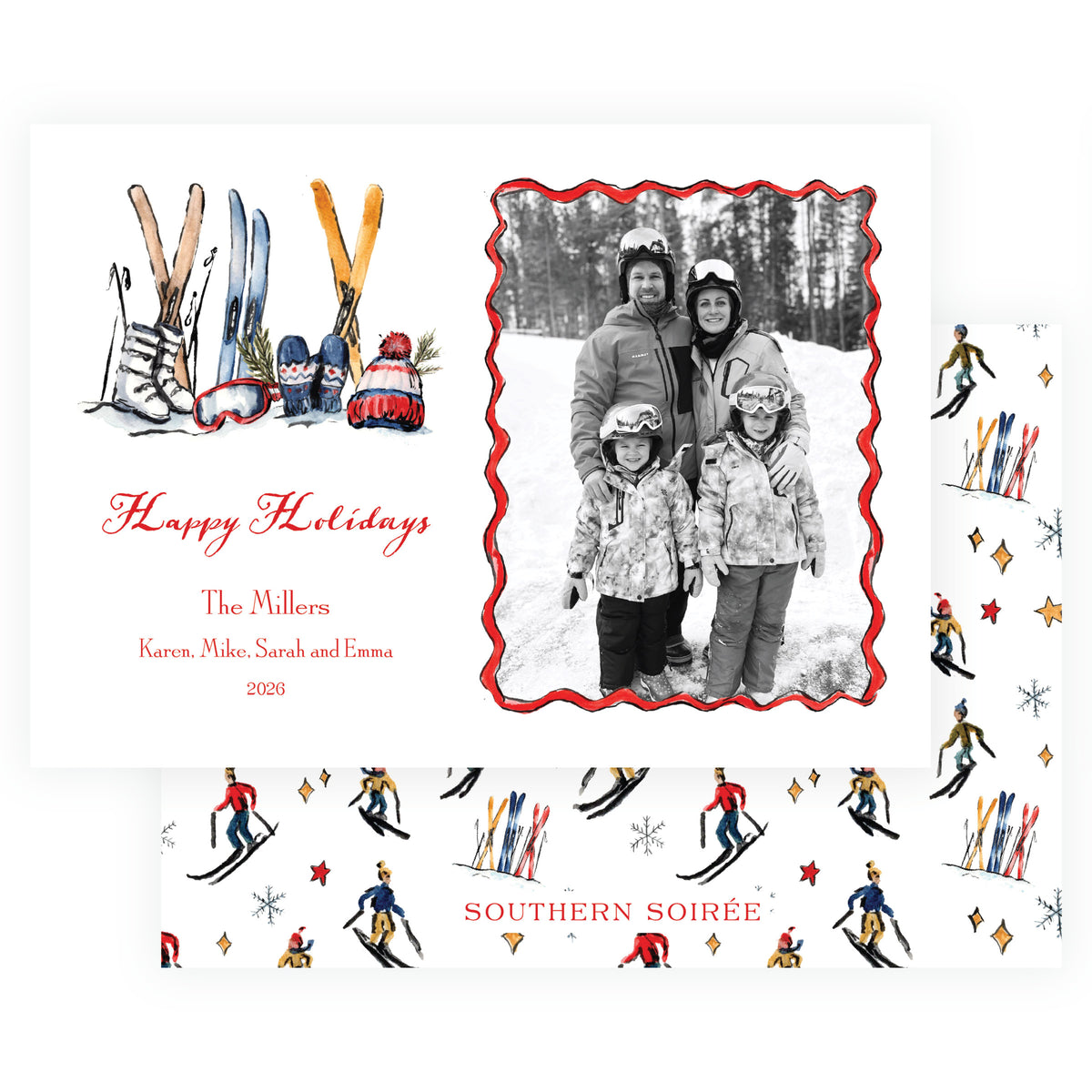 Alpine Holiday personalized Christmas photo card with colorful watercolor skis, ski poles and family photo