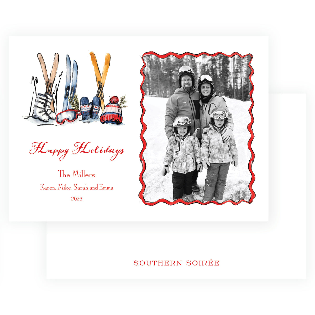Alpine Holiday ski gear Christmas card with colorful watercolor winter accessories and family photo