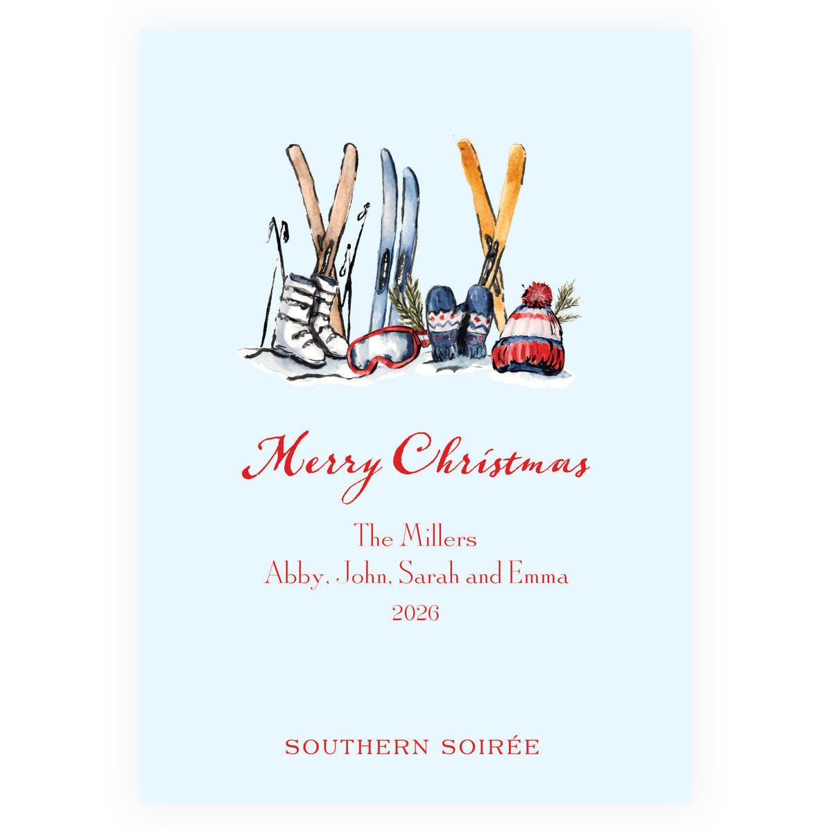 Alpine Holiday – Blue Ski Ribbon Frame Personalized Holiday Photo Card