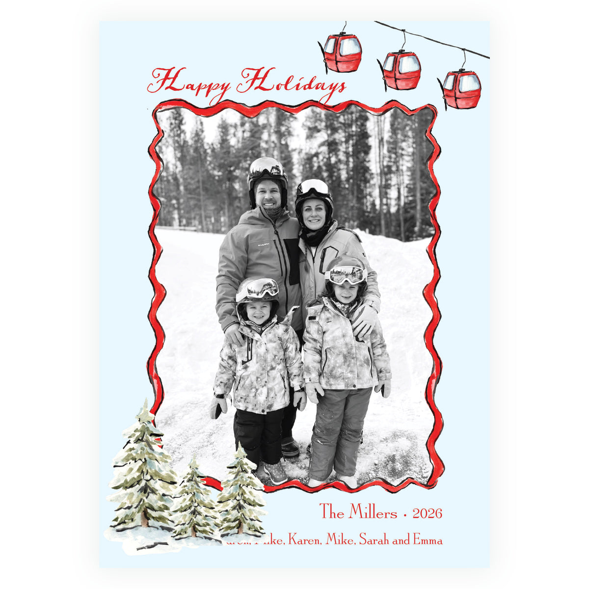 Alpine Holiday – Gondola & Snowy Trees Personalized Holiday Photo Card