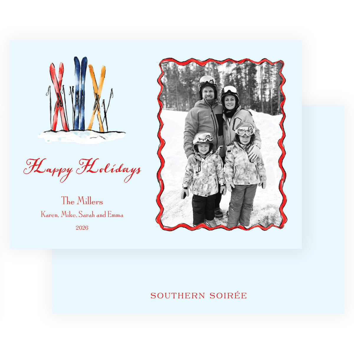 Personalized ski holiday card with family photo and watercolor winter artwork