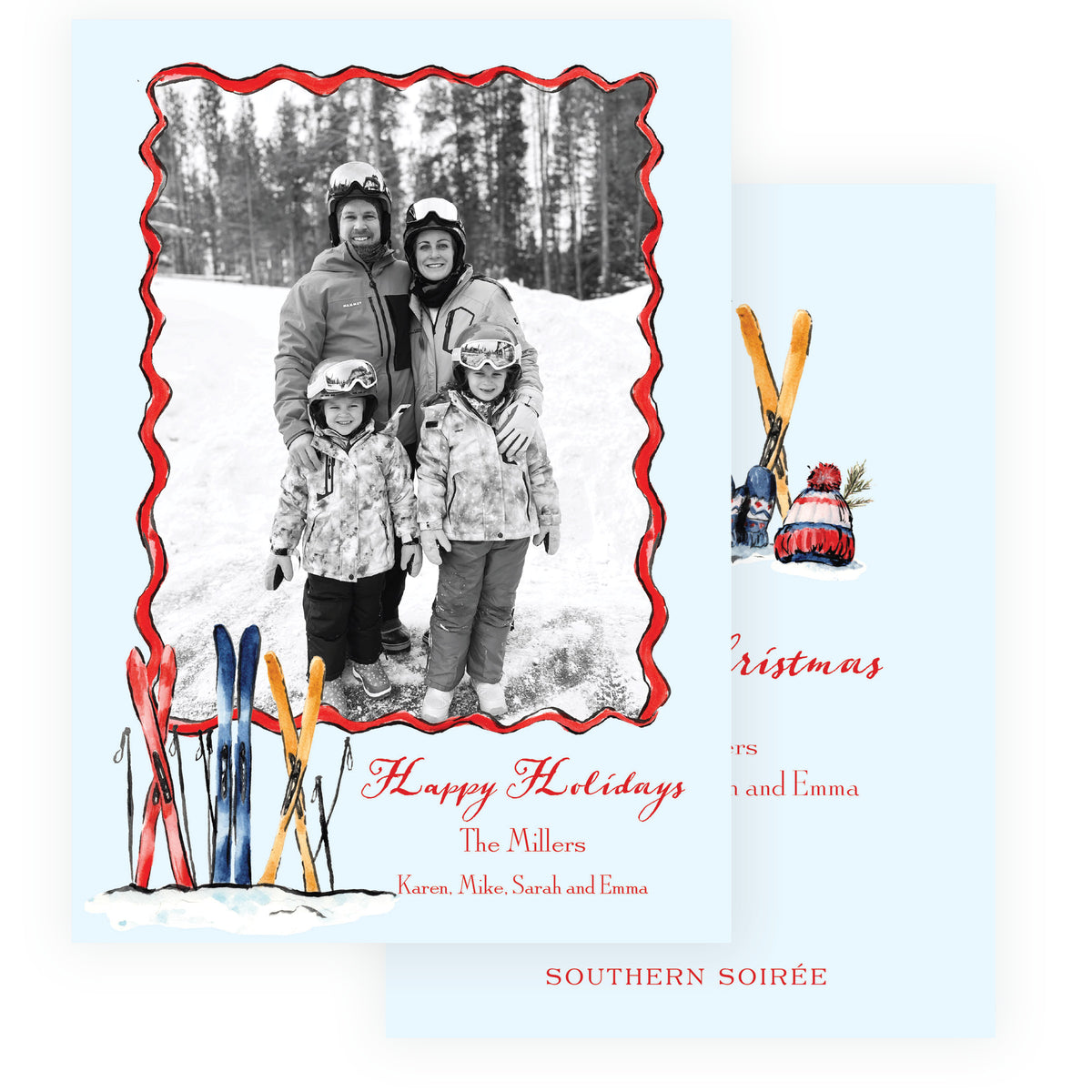 Alpine Holiday Colorful Skis Personalized Christmas Photo Card