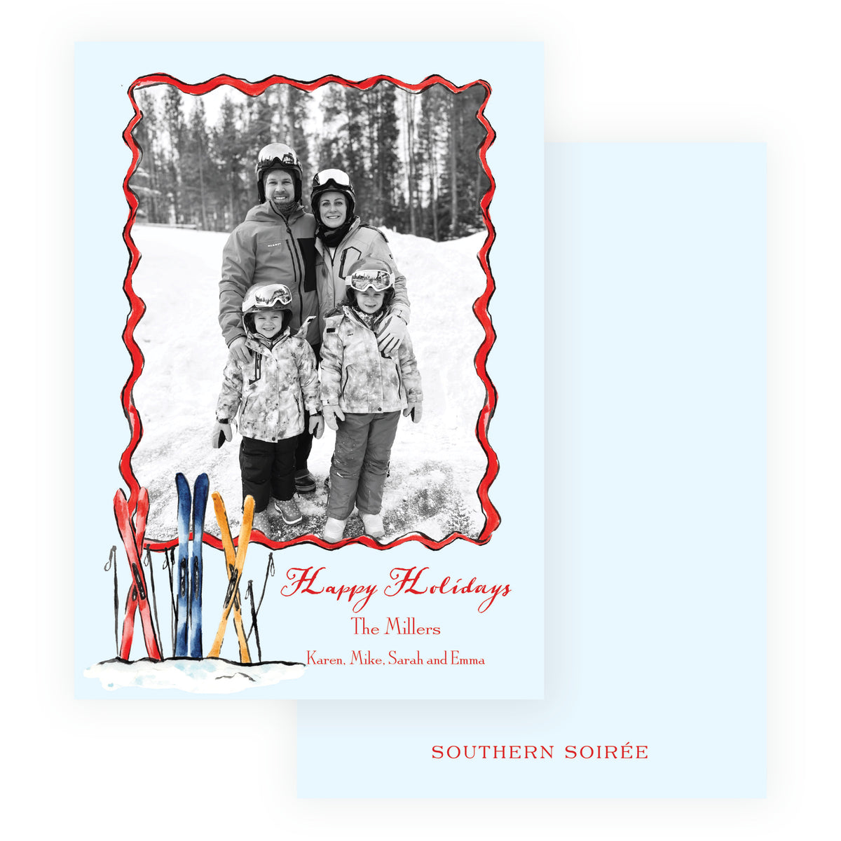 Personalized ski Christmas photo card with colorful watercolor skis and light blue back