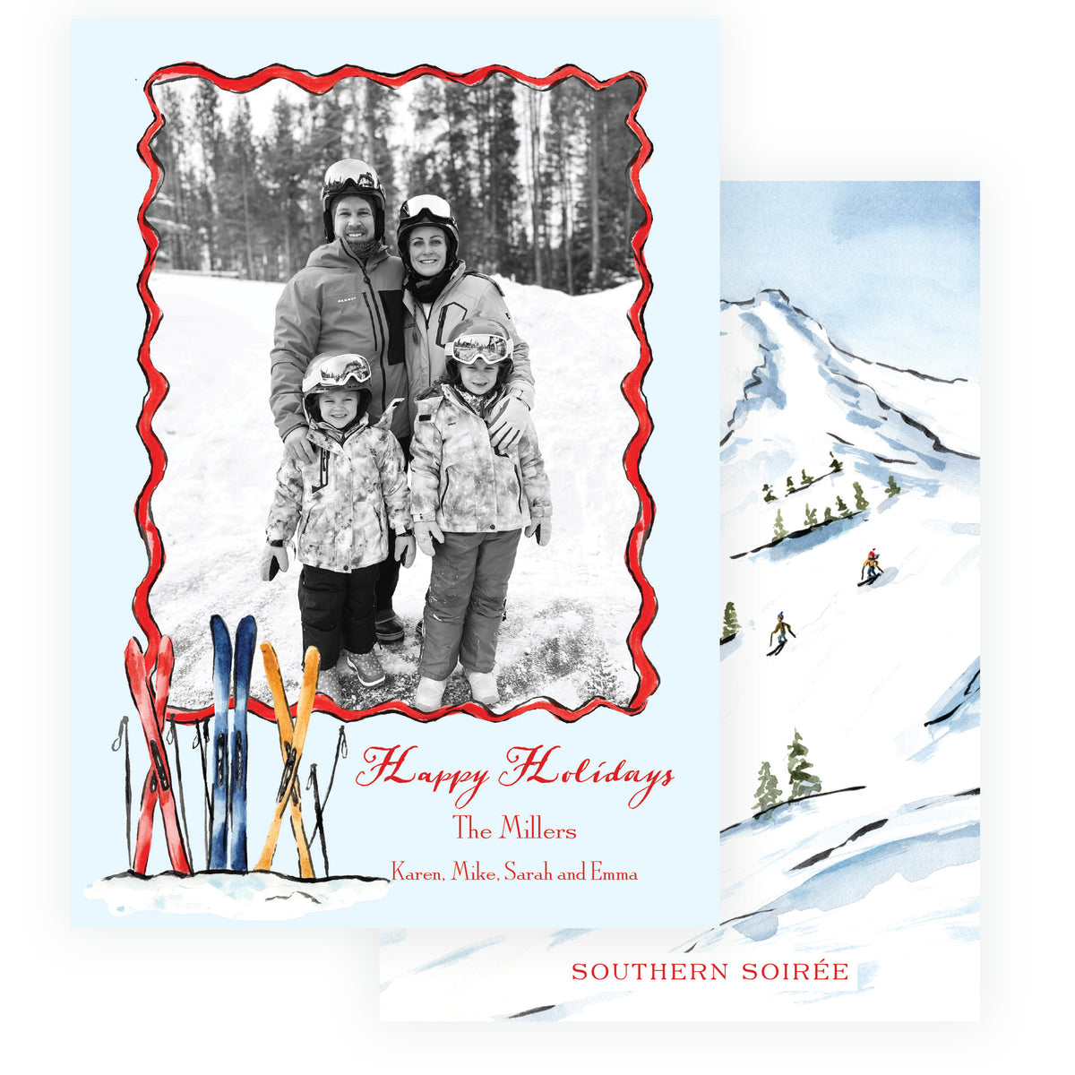 Alpine Holiday ski Christmas photo card with watercolor skis and snowy mountain back