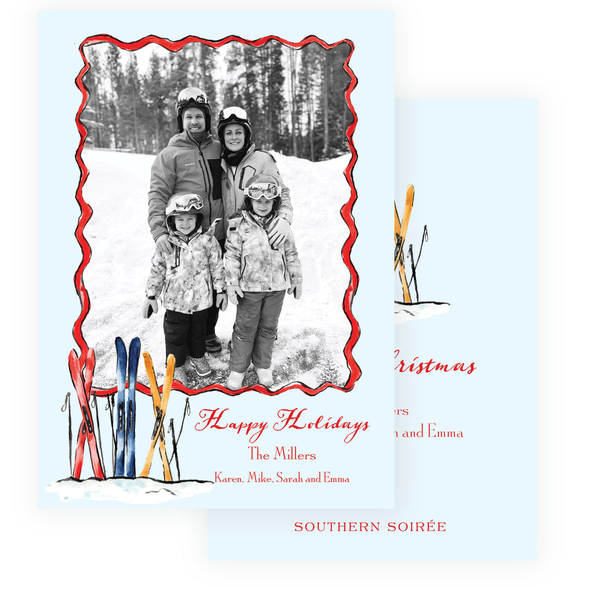 Alpine Holiday Colorful Skis Personalized Christmas Photo Card