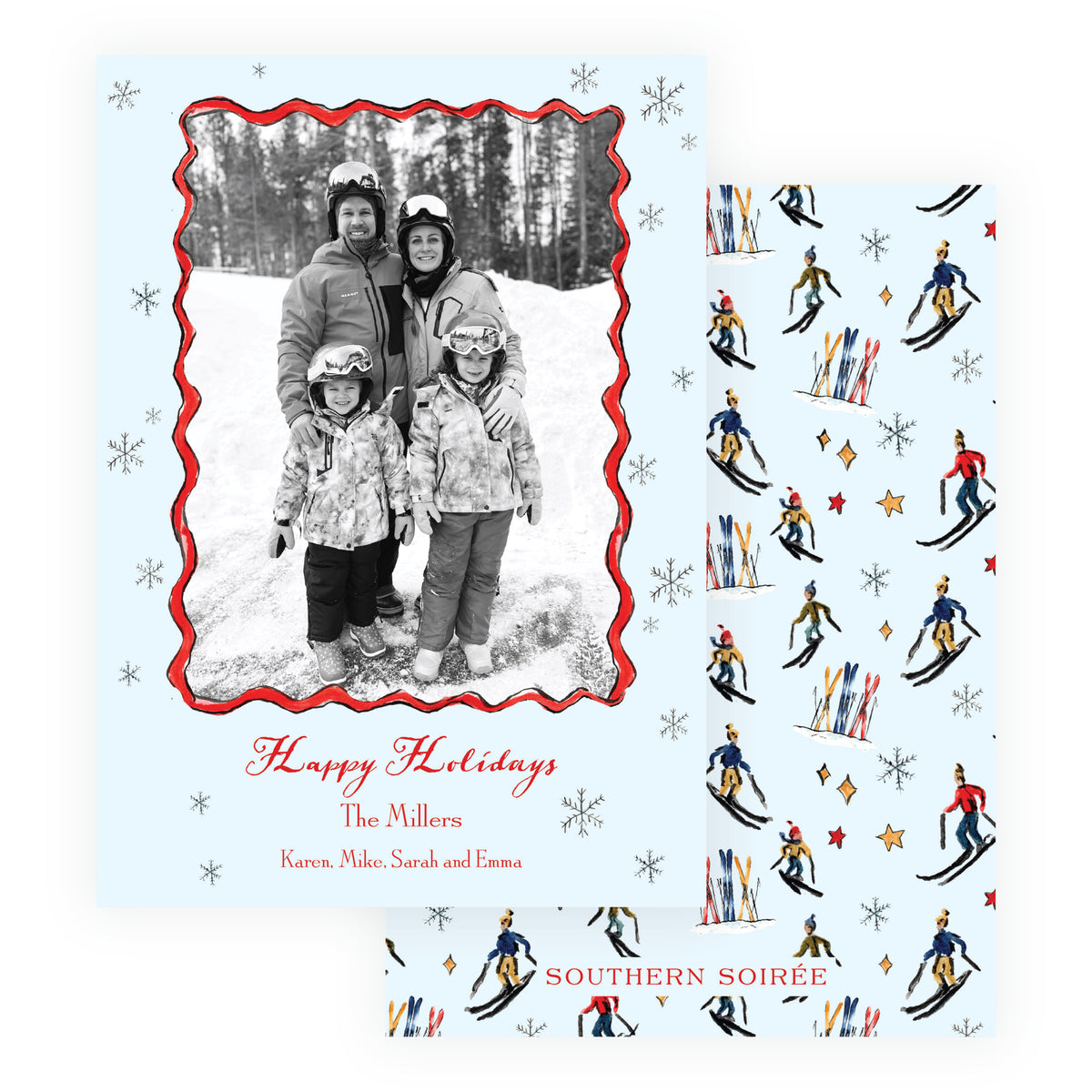 Alpine Holiday ski photo card with watercolor skier and ski pattern back