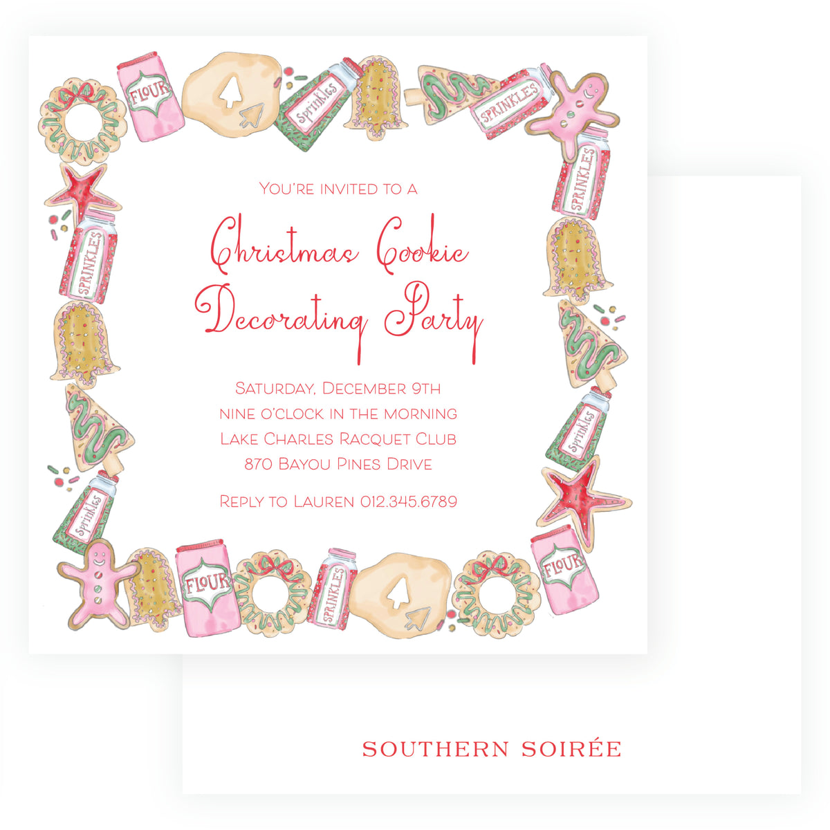 Dashing Through the Dough square Christmas cookie decorating party invitation with watercolor cookies, sprinkles and holiday baking artwork