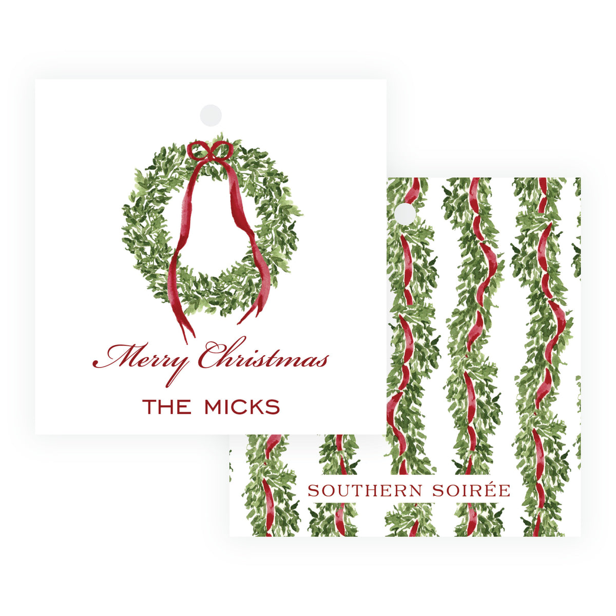 Burgundy personalized square Christmas gift tag with watercolor wreath, burgundy ribbon bow, and family name.