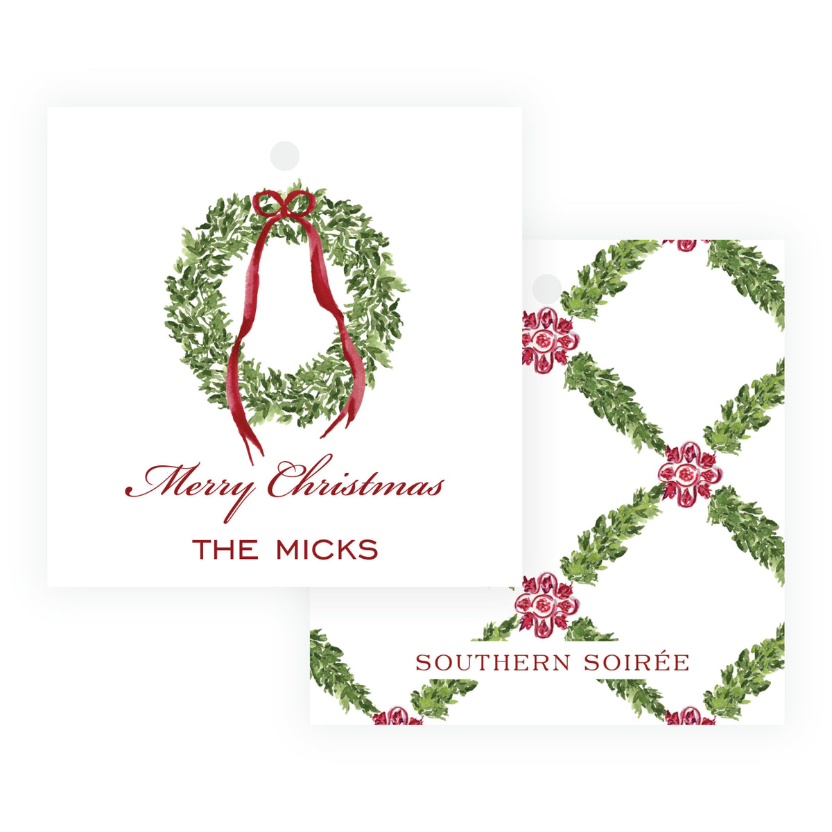Decked in Bows Burgundy Square Wreath Personalized Christmas Gift Tag