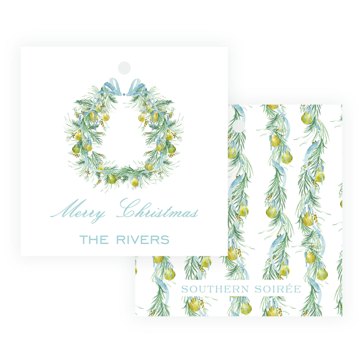 Evergreen and Pear wreath square personalized Christmas gift tag