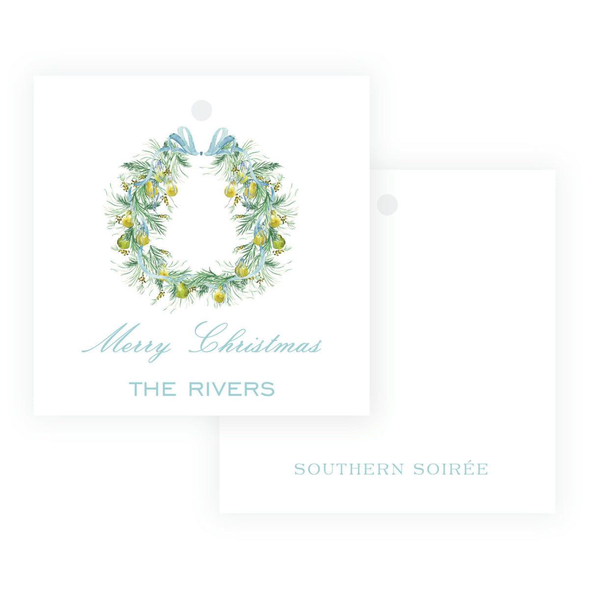 Watercolor evergreen & pear wreath square personalized family Christmas gift tag