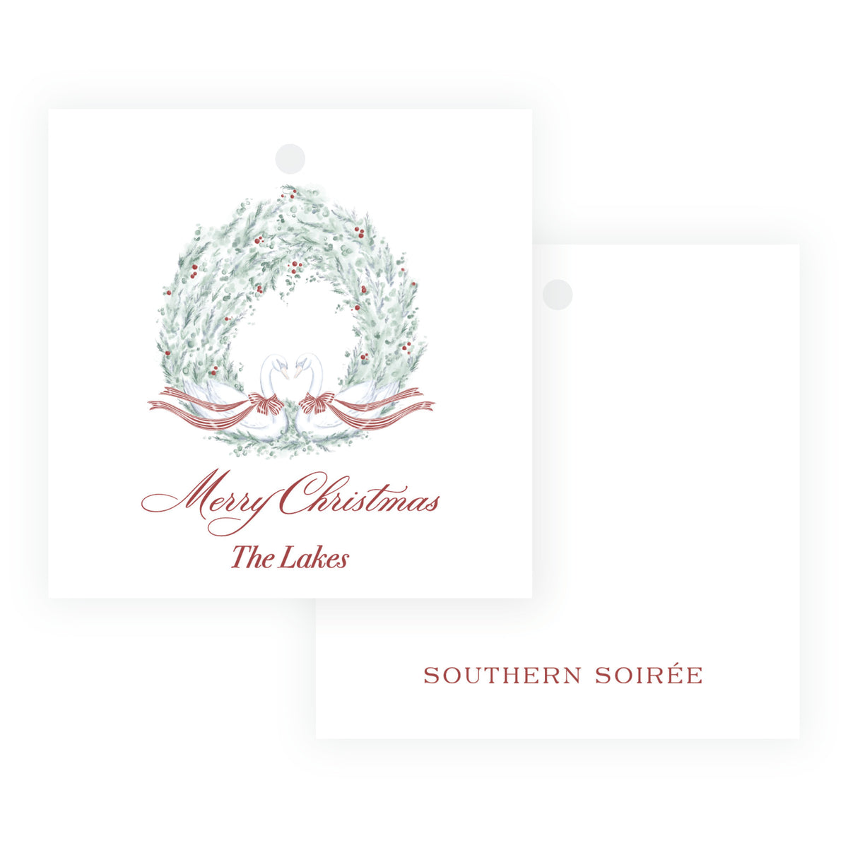 Yuletide Swans 3x3 square Christmas gift tag with watercolor swans and evergreen wreath