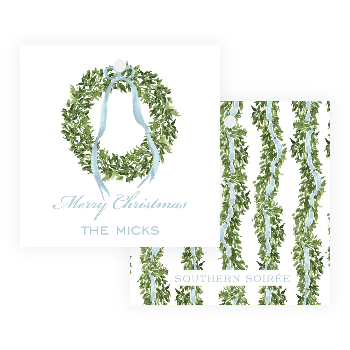 blue ribbon wreath gift tag