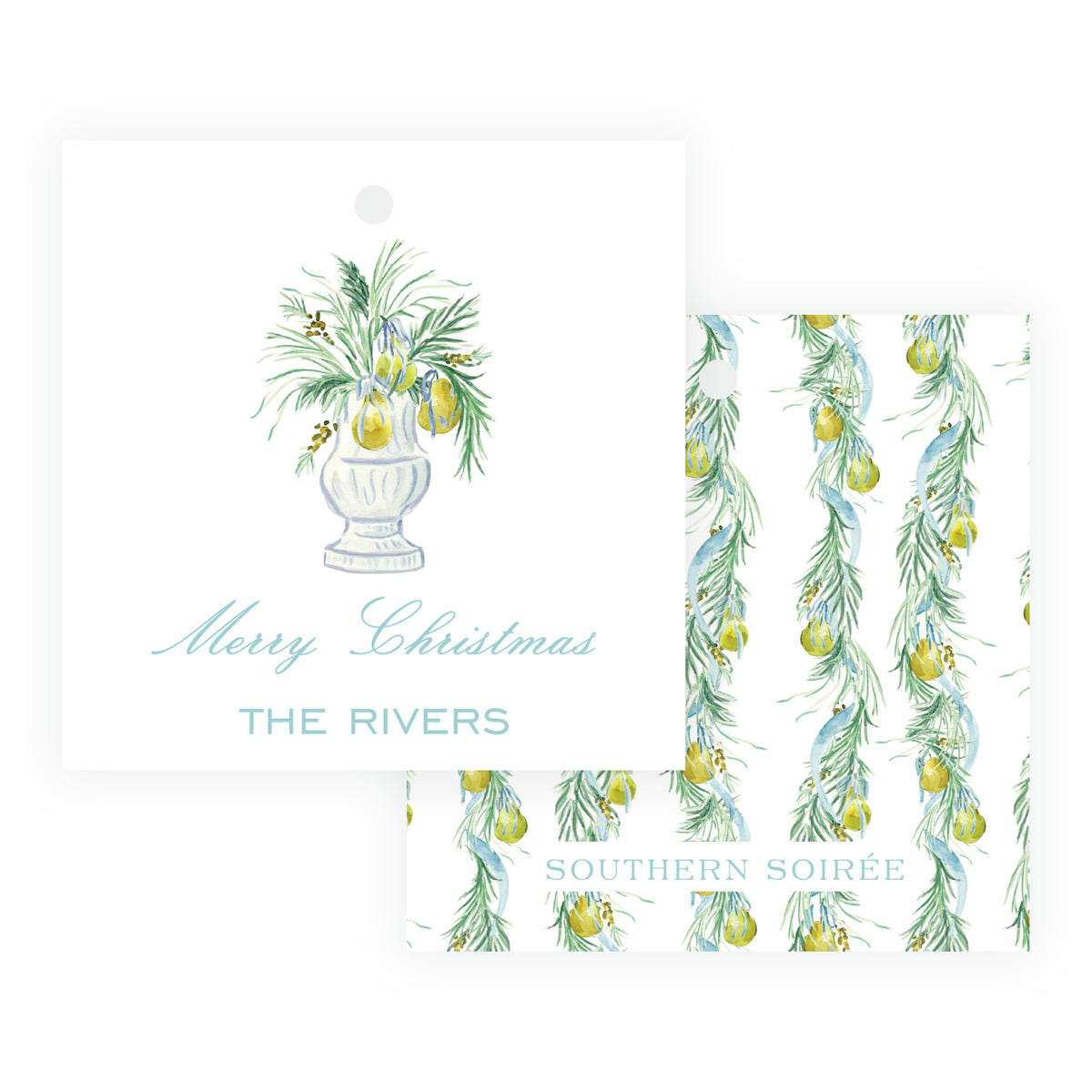 3 inch square personalized Christmas gift tag with pear urn