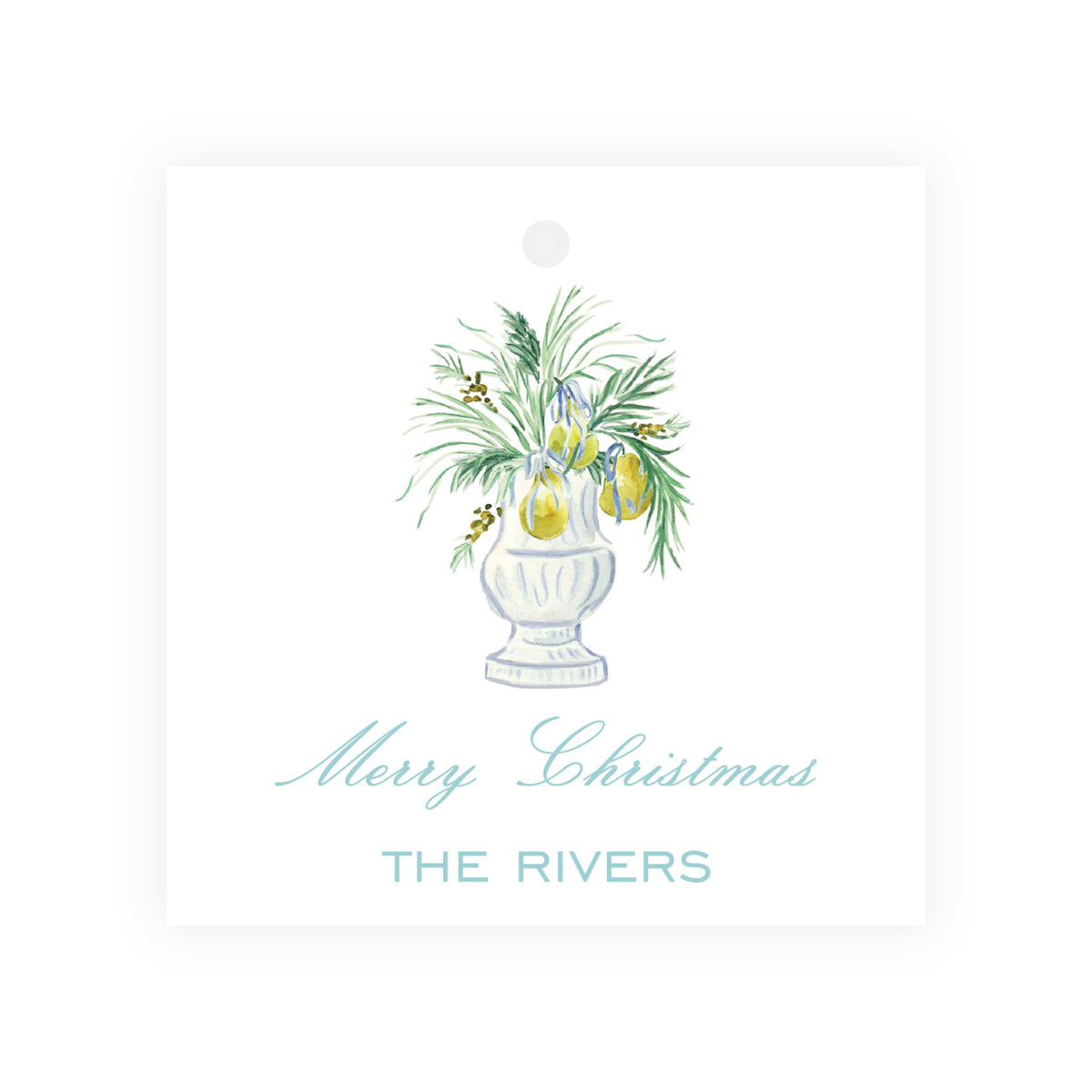 Pear and evergreen personalized square Christmas tag