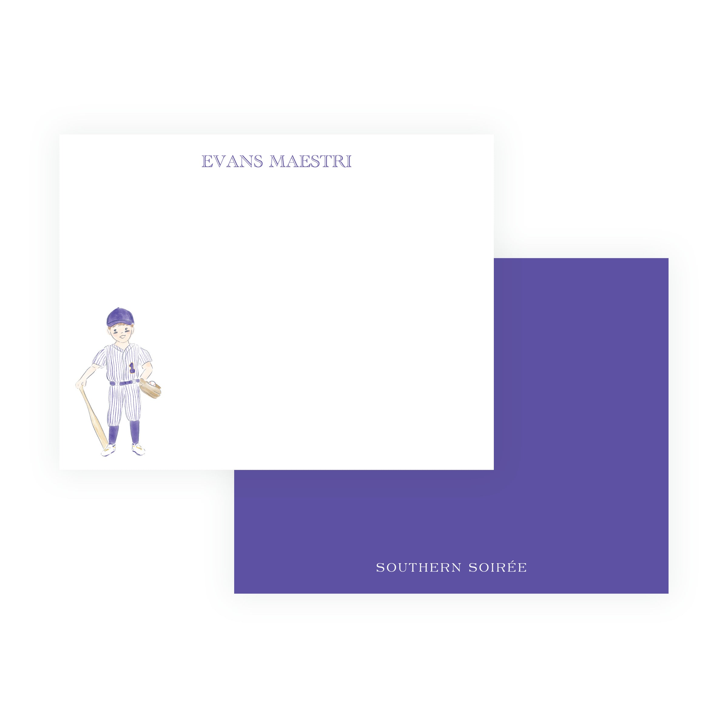 Personalized purple and gold baseball player flat note card with name