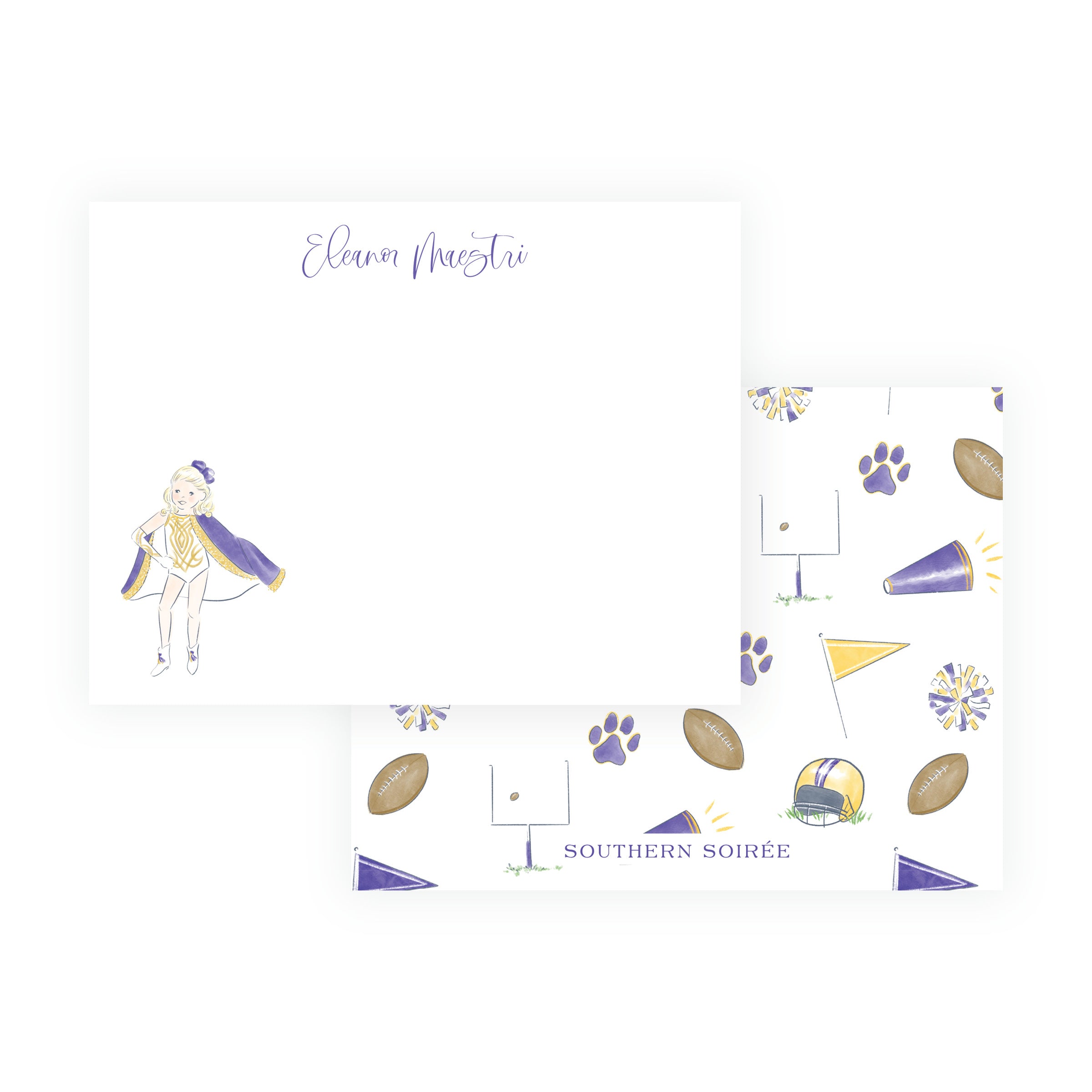 Personalized purple and gold dance team flat note card with name