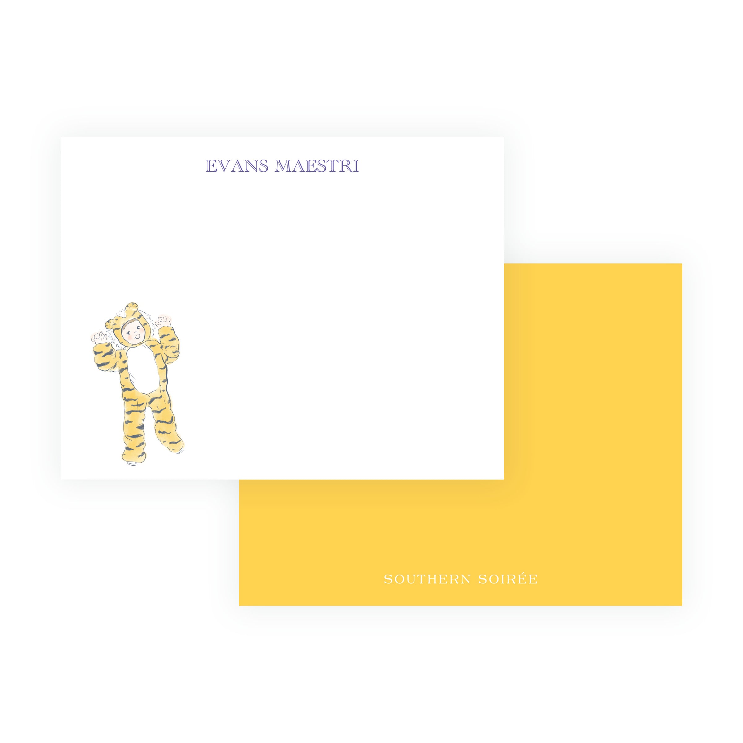 Personalized purple and gold tiger mascot flat note card with name