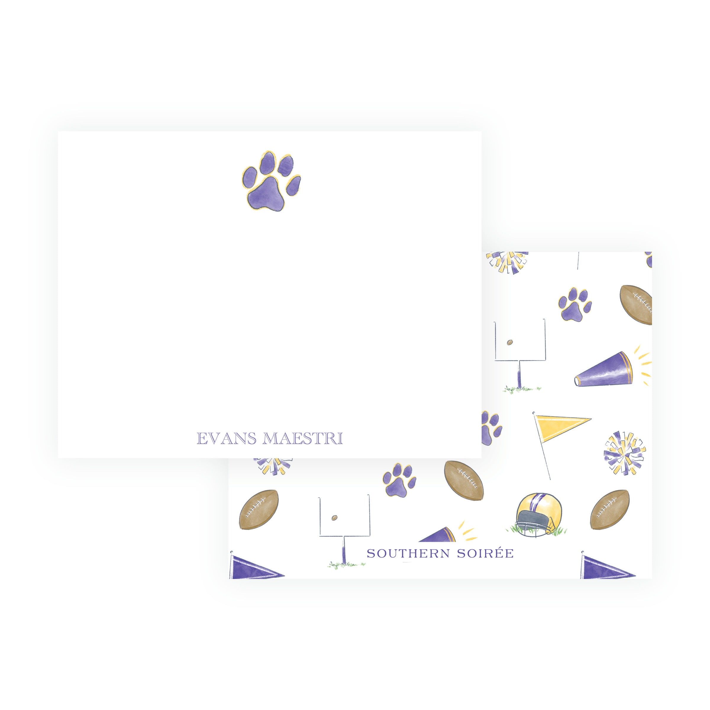 Purple & Gold Team Spirit Paw Print Note Cards