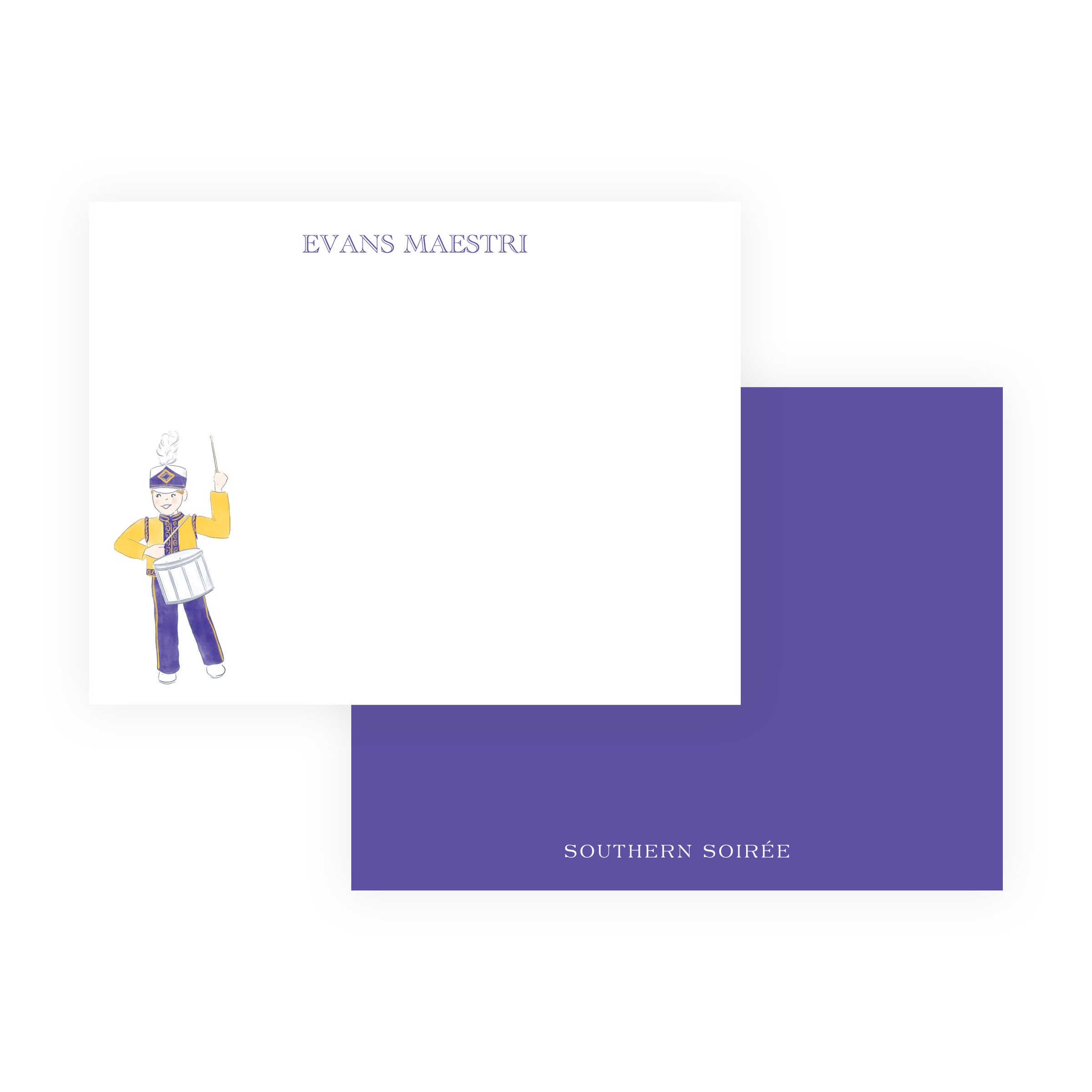 Personalized purple and gold marching band drummer flat note card with name
