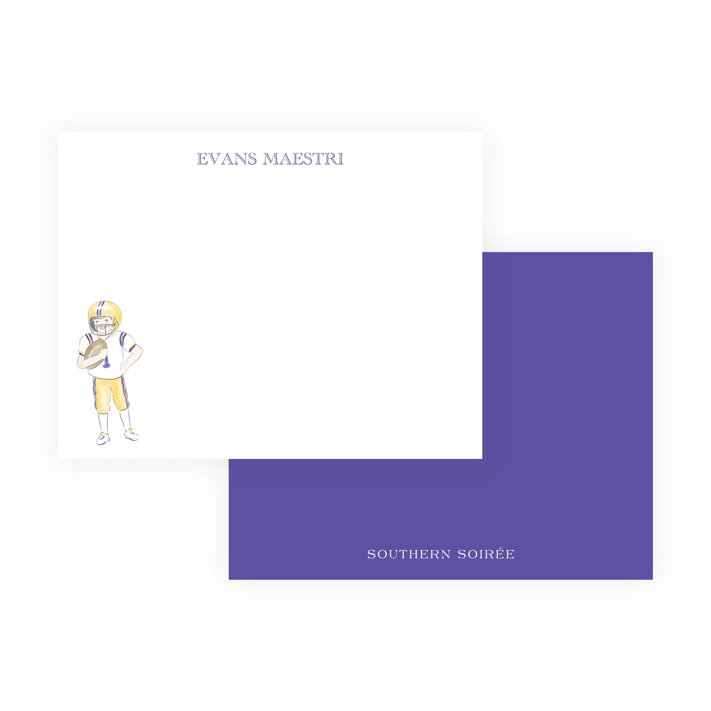 Personalized purple and gold football player flat note card with name