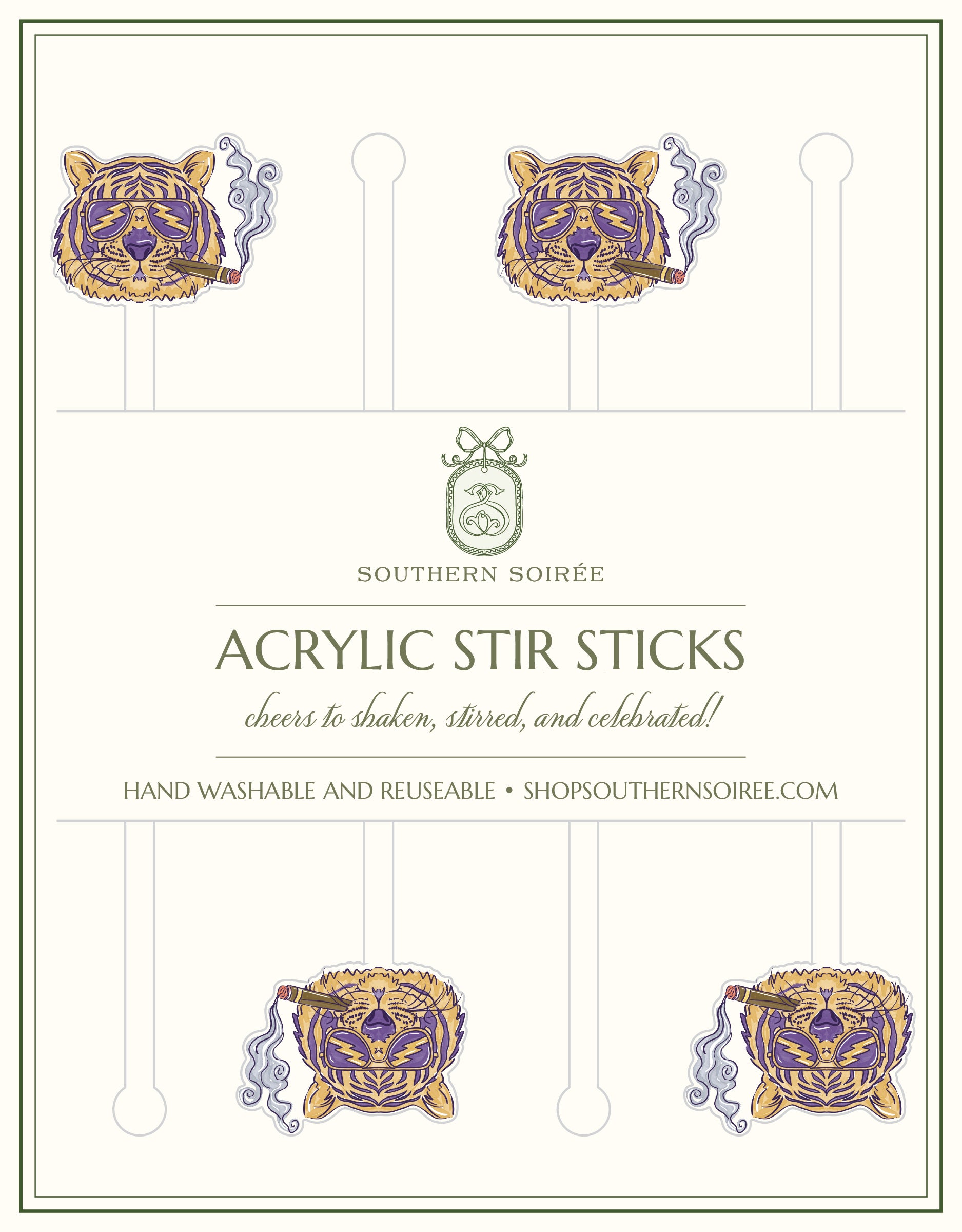 Easy Cigar Tiger Acrylic Stir Sticks | Purple & Gold Drink Stirrers