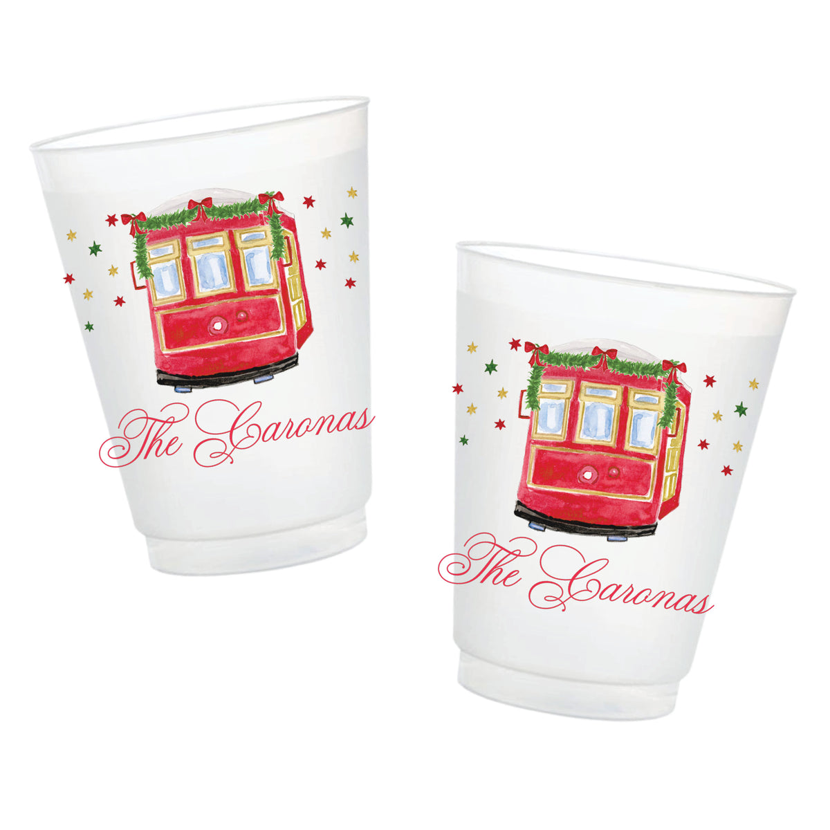 Personalized New Orleans Christmas streetcar frosted cups