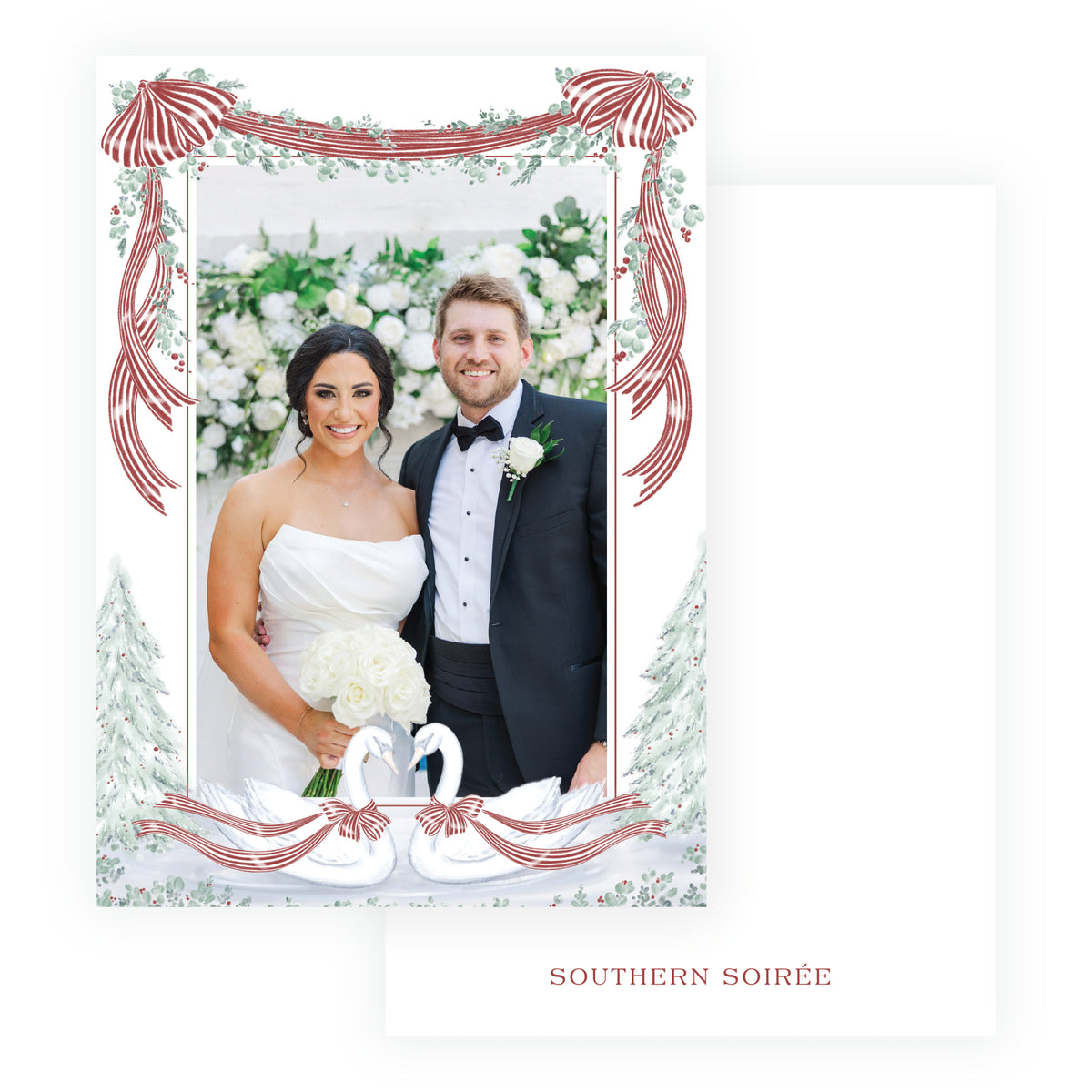 Yuletide Swans full photo Christmas card with watercolor swans and red striped bows