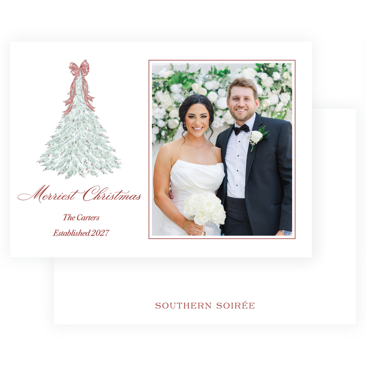 Yuletide Swans landscape Christmas photo card with watercolor berry tree and red striped bow