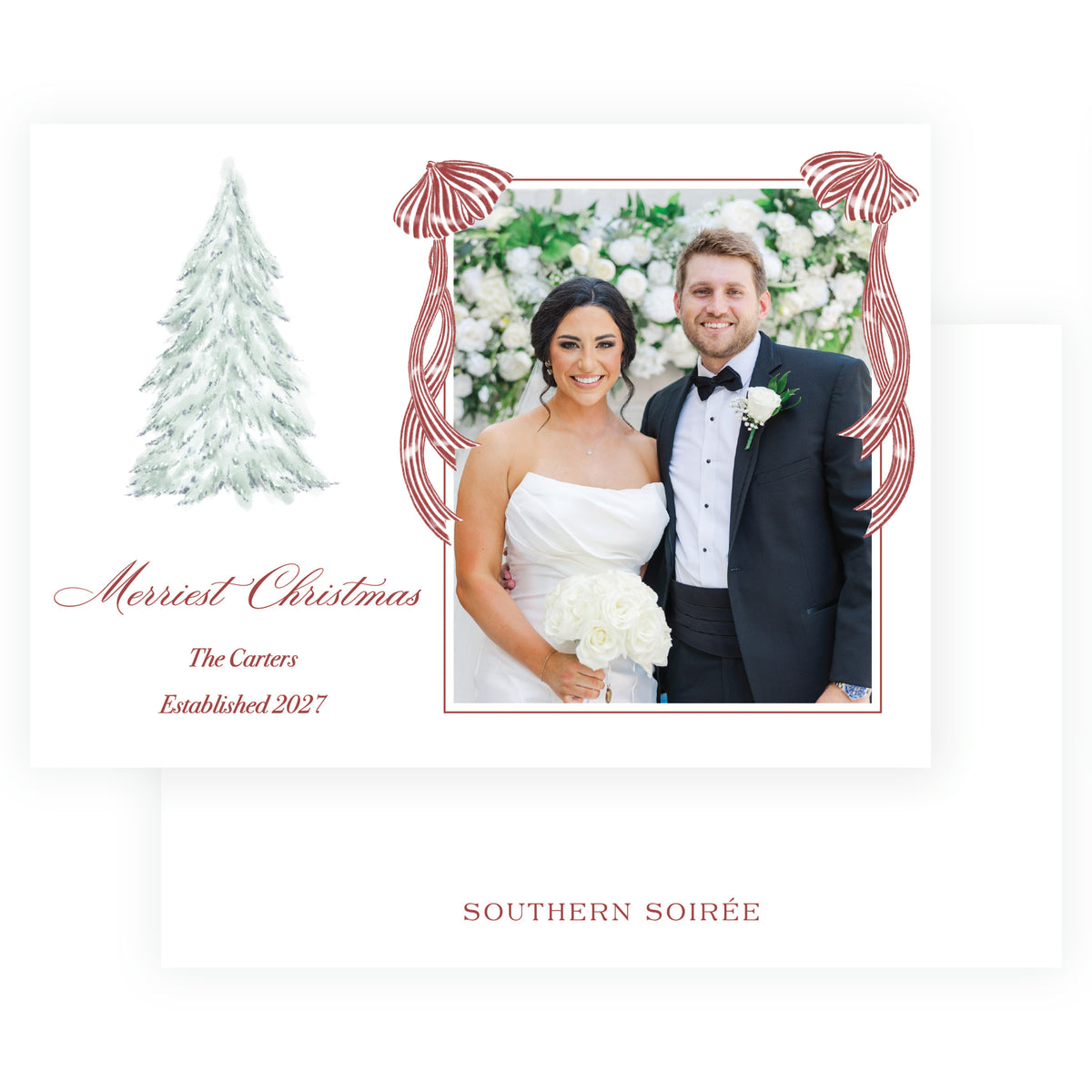 Yuletide Swans evergreen tree landscape Christmas photo card with red striped bows