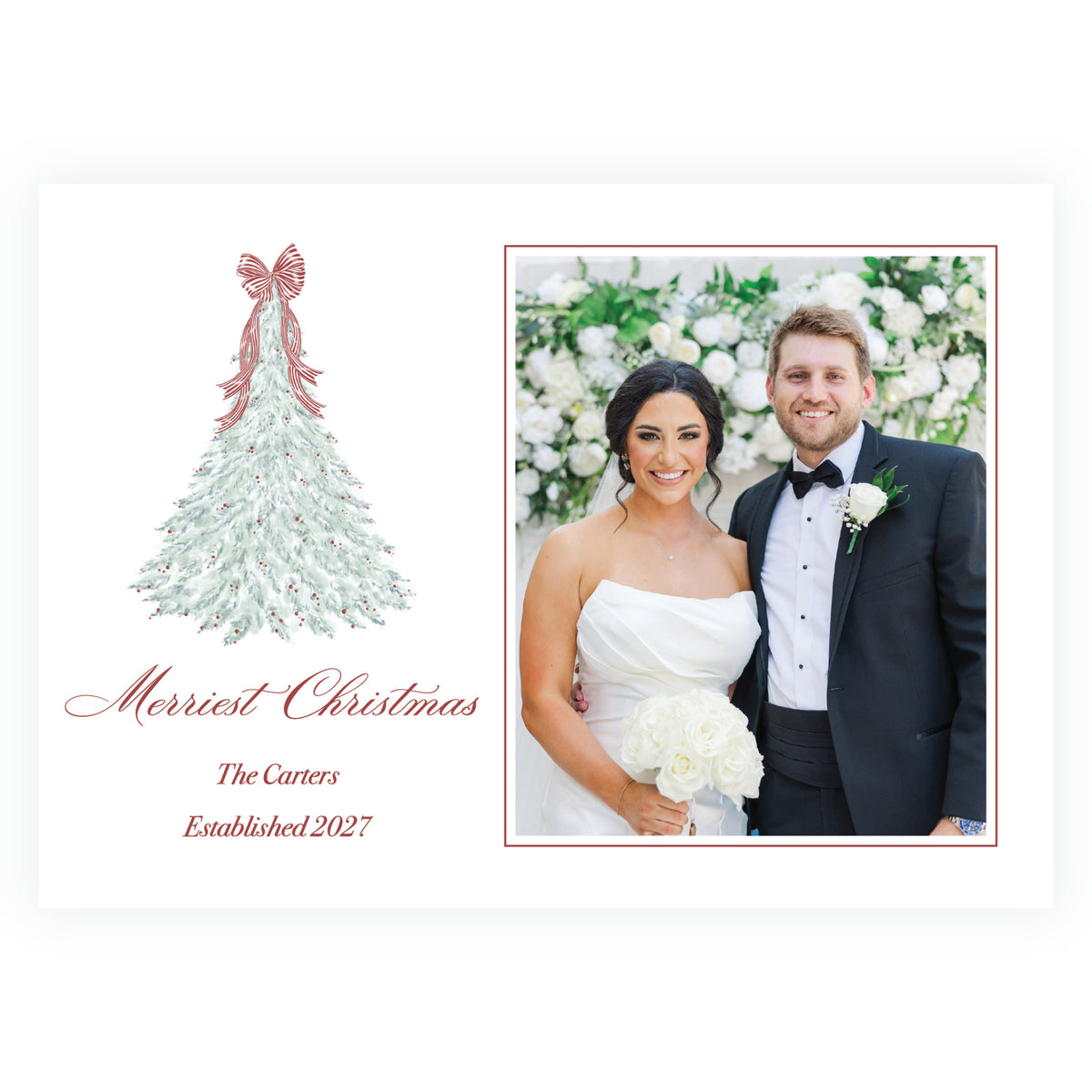 Personalized Christmas photo card with evergreen tree, red berries and family photo