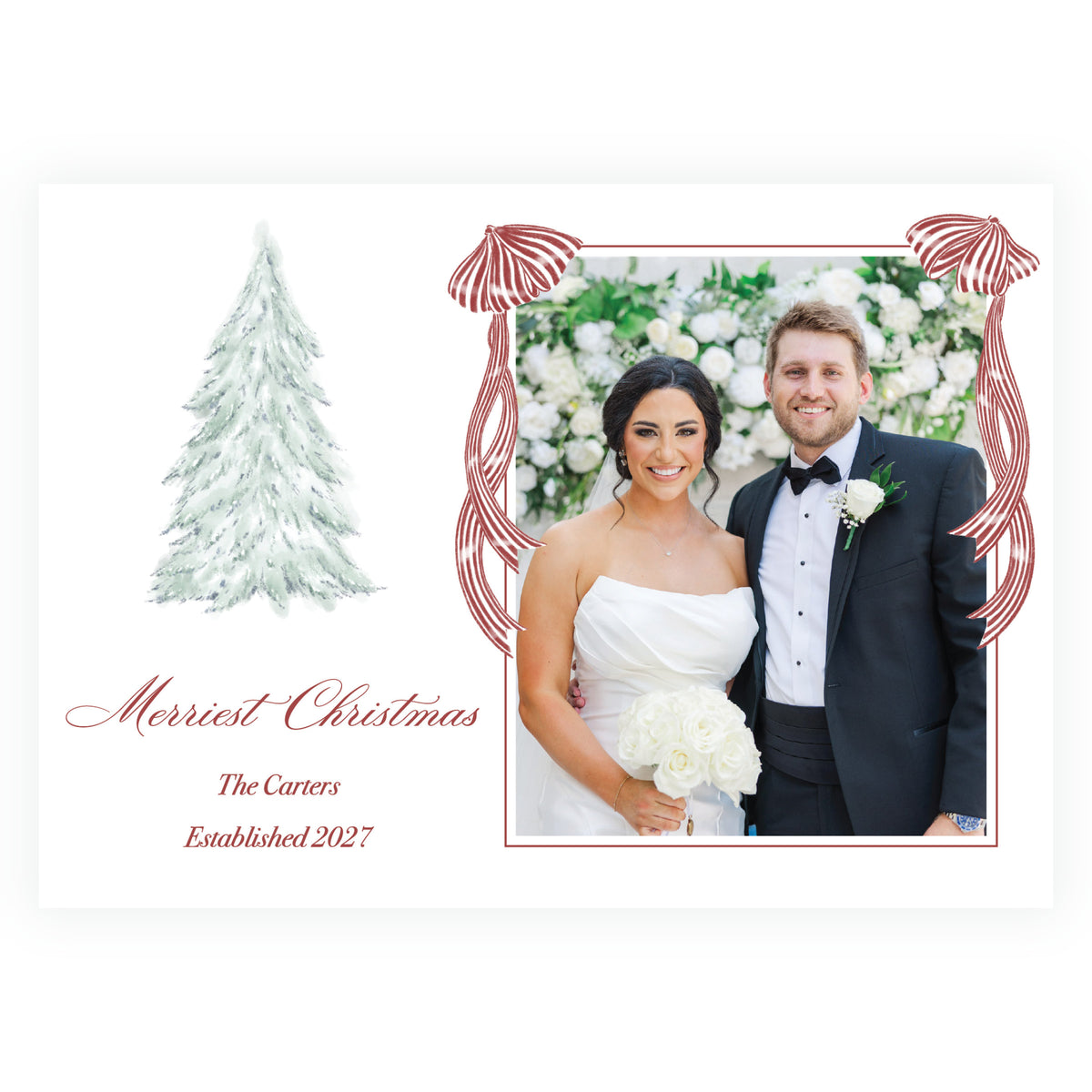 Personalized Christmas photo card with watercolor evergreen tree and family photo
