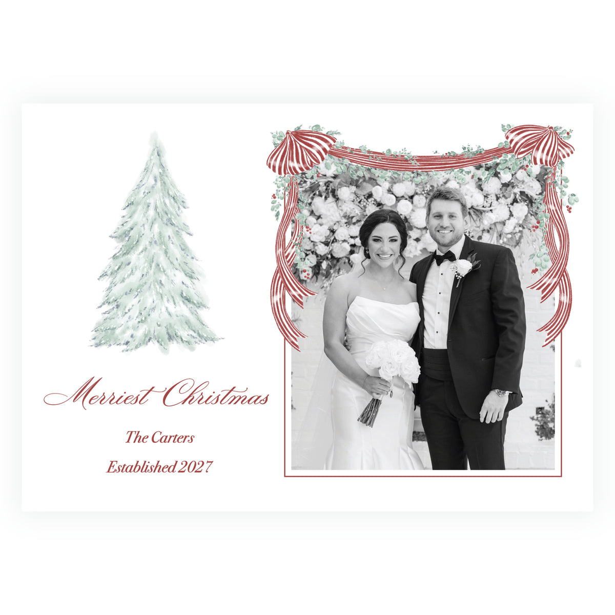 Personalized Christmas photo card framed with oversized watercolor red ribbon