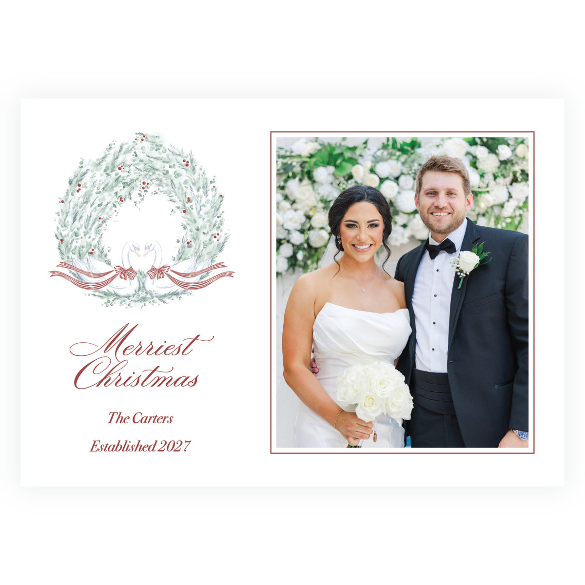 Personalized Christmas photo card with swans, evergreen wreath and red striped ribbon