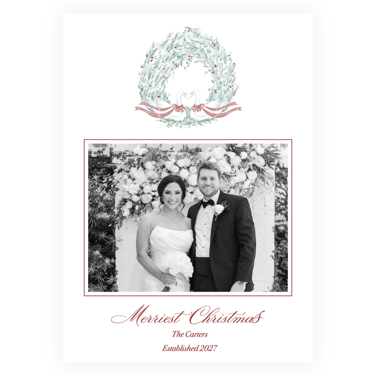 Elegant watercolor wreath Christmas photo card with red striped ribbon and swans