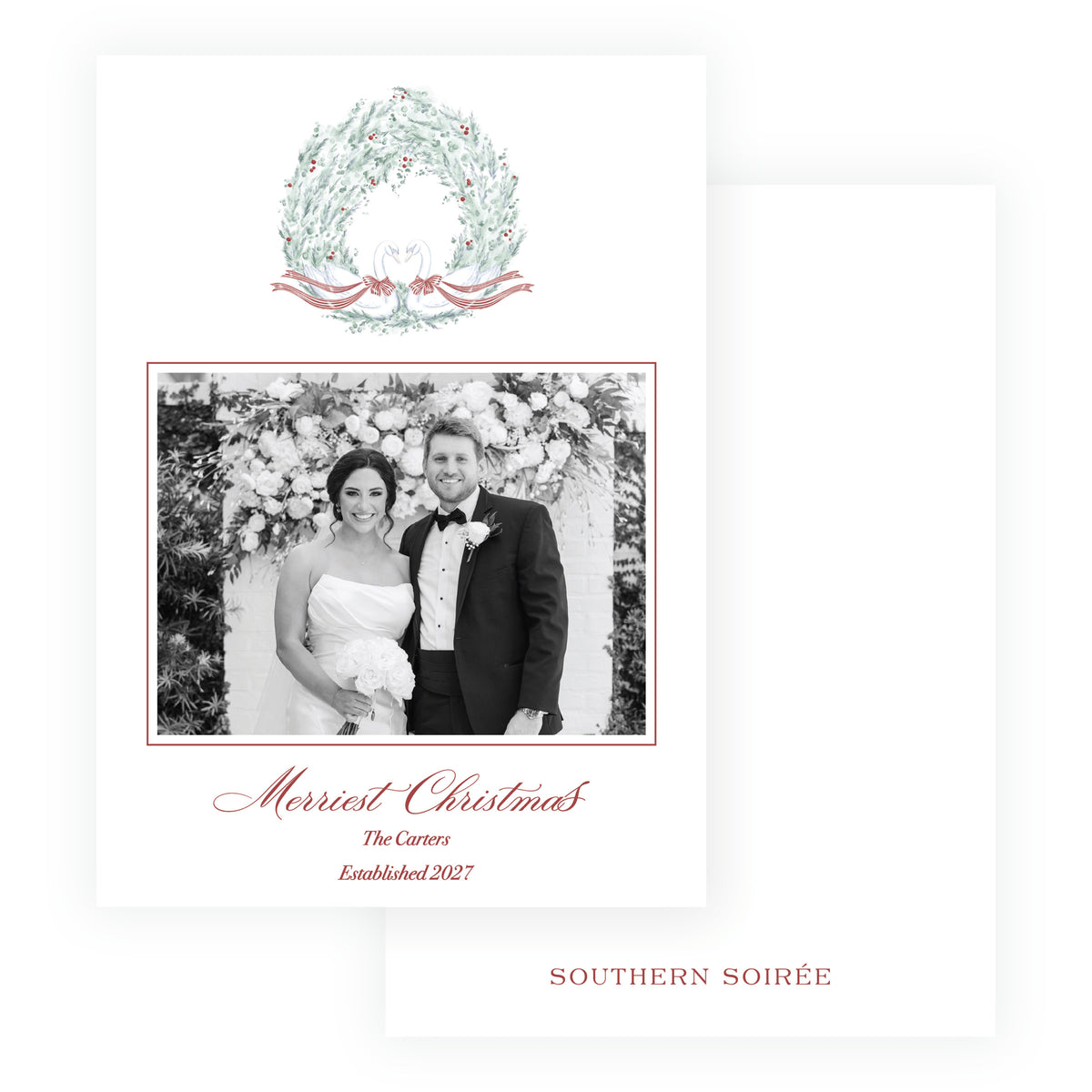 Personalized Christmas card with evergreen wreath, white swans and family photo