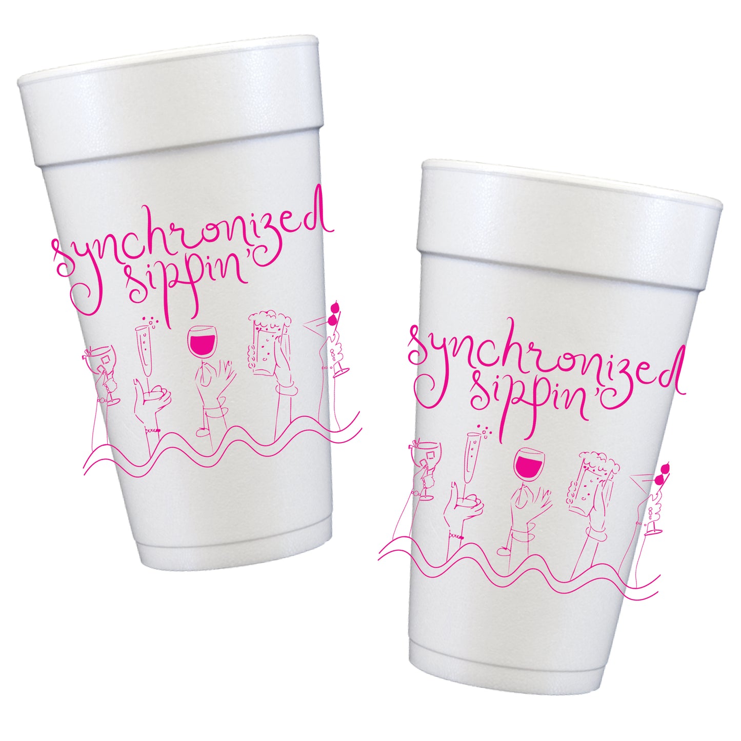 Synchronized Sippin' foam party cups with pink cocktail illustration, funny girls trip party cups, bachelorette party drink cups, hostess gift cups, summer cups, Southern Soirée reusable styrofoam cups
