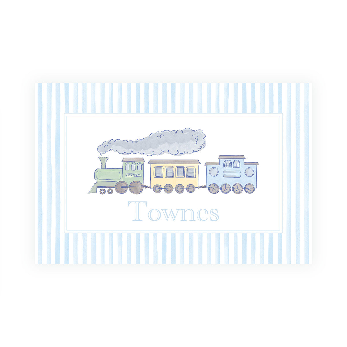 Personalized steam train placemat for kids with whimsical watercolor train, blue striped border and custom name