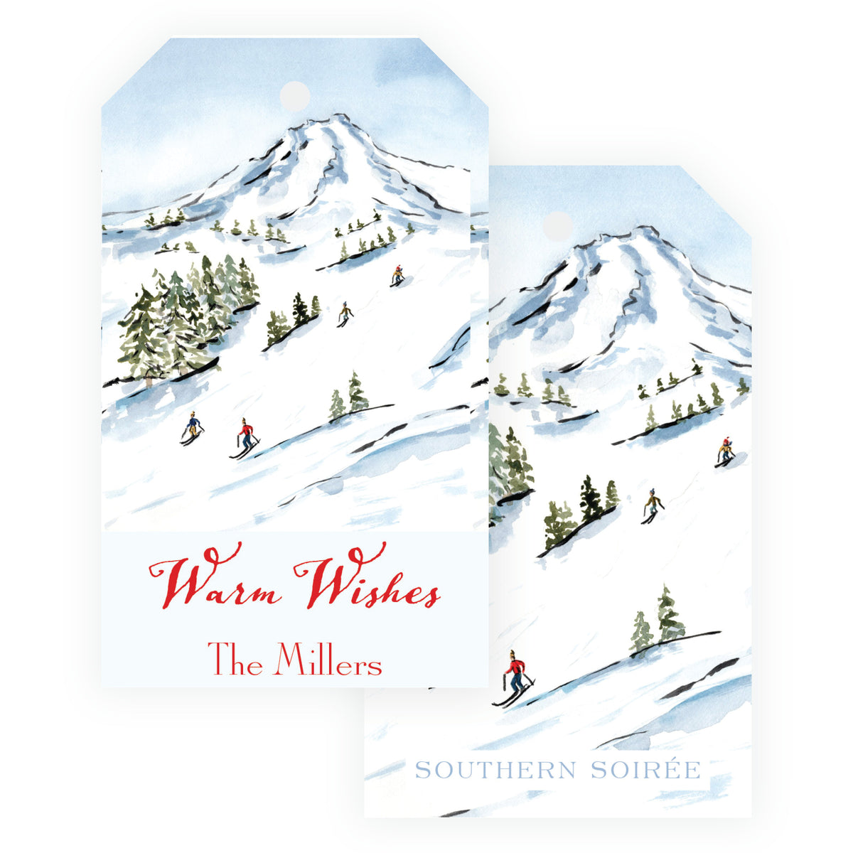 Alpine Holiday vertical personalized Christmas gift tag with watercolor ski mountain and skiers