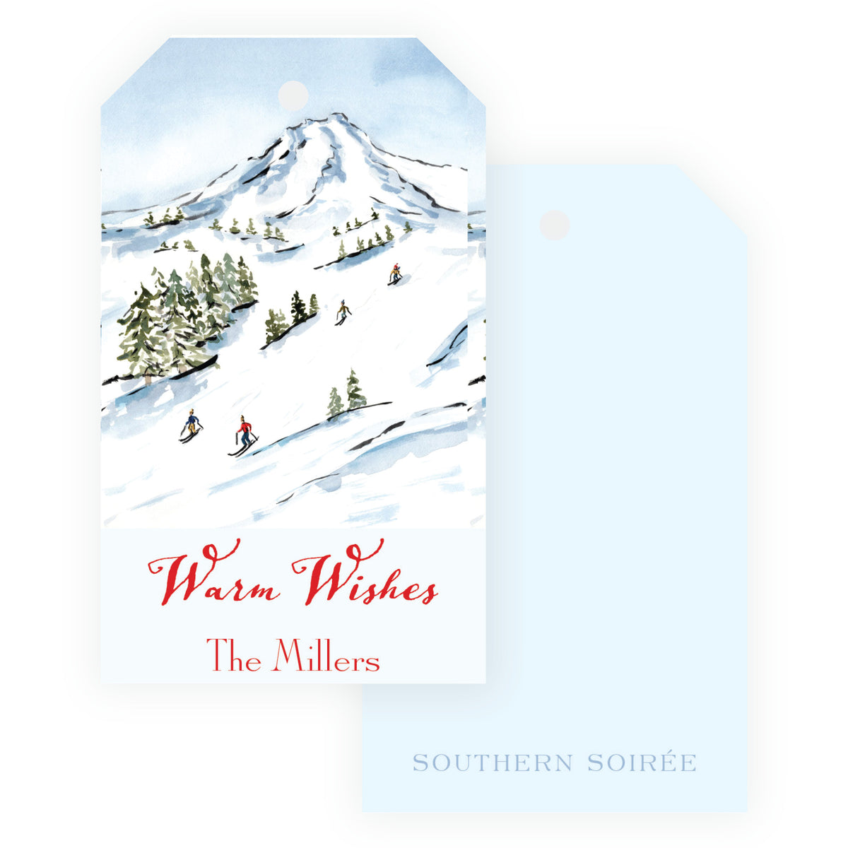 Alpine Holiday colorful ski personalized Christmas gift tag with light blue back