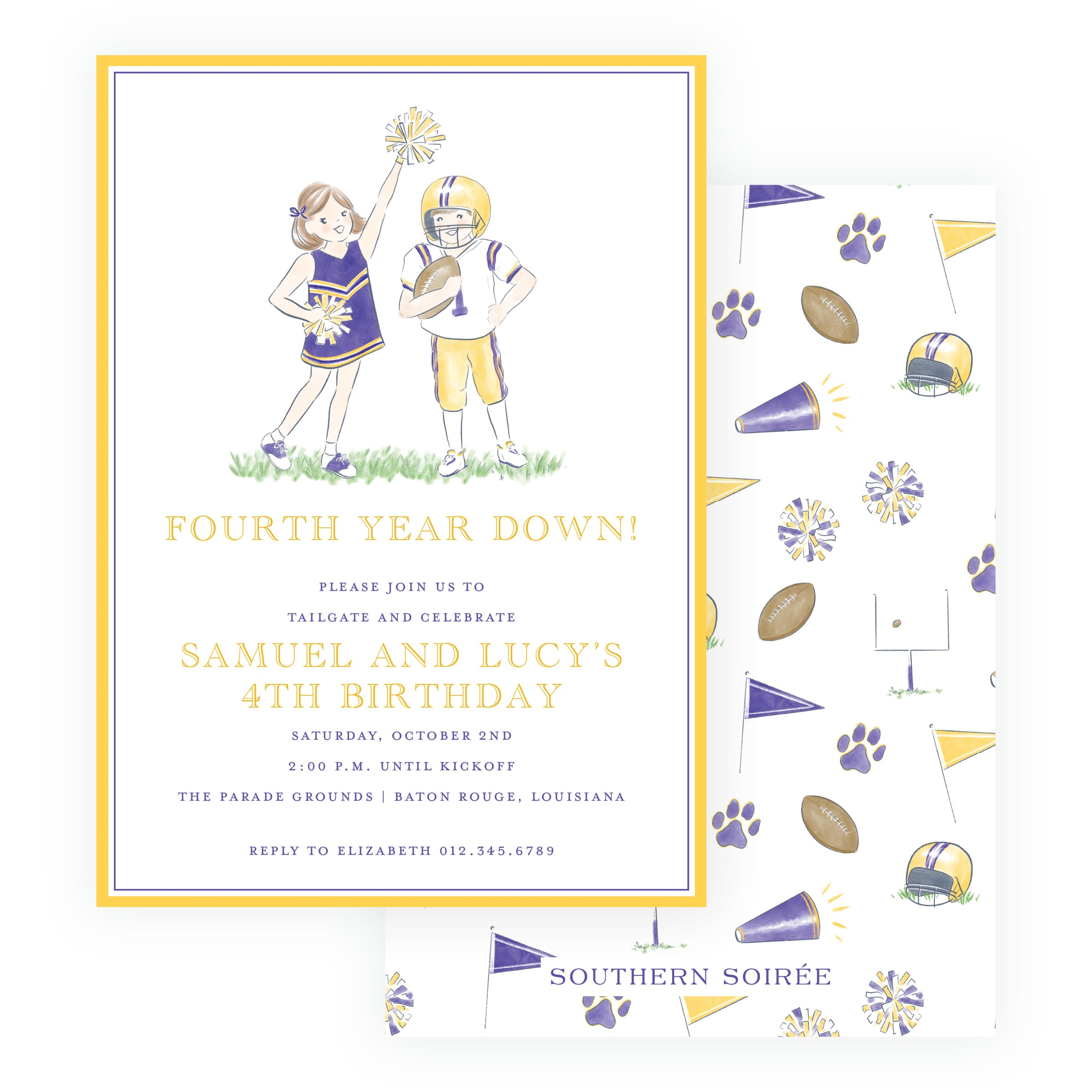Purple and gold birthday invitation with cheerleader, pom-poms and football player holding a football