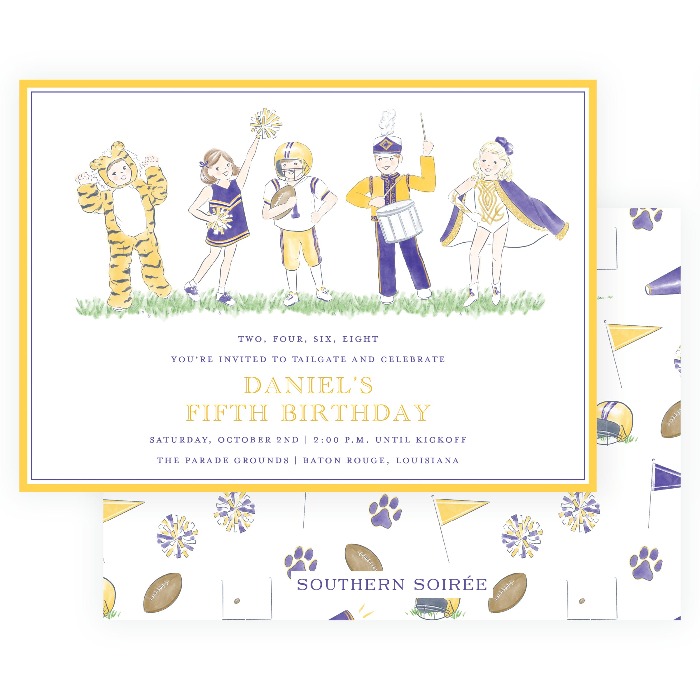 Purple and gold football birthday invitation with tiger mascot, cheerleader, football player, marching band drummer and dancer