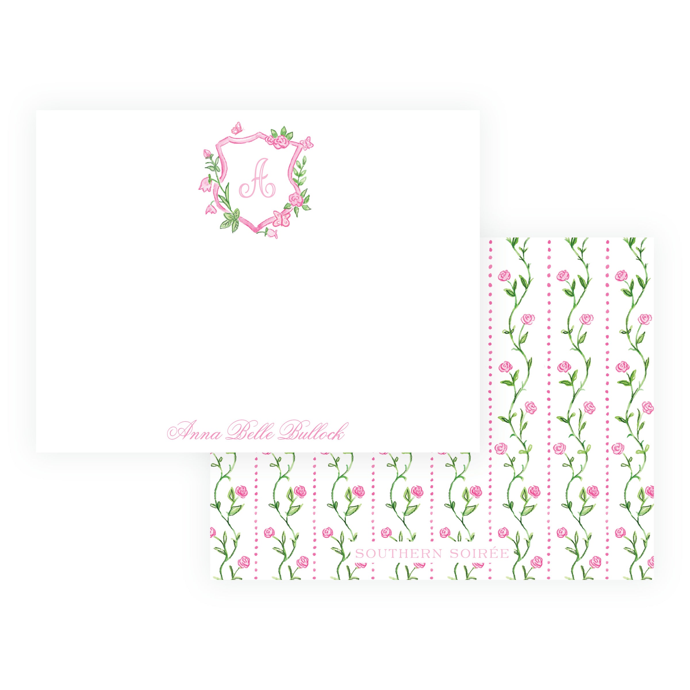 Personalized Tiny Petals watercolor floral crest note cards