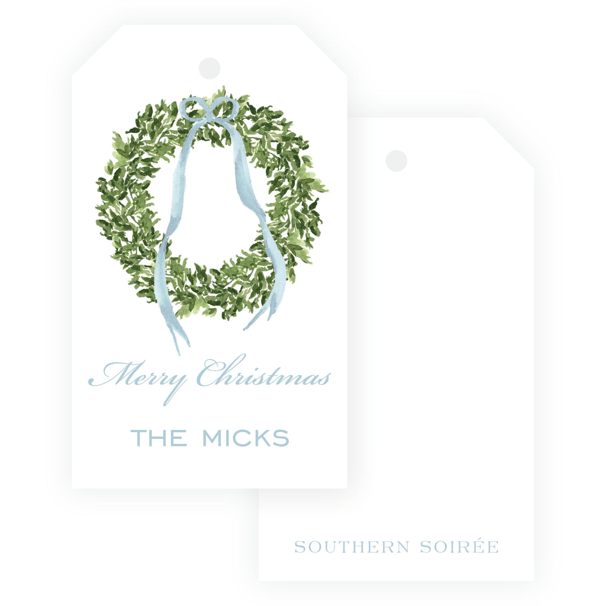 Decked in Bows Blue Wreath Personalized Christmas Gift Tag