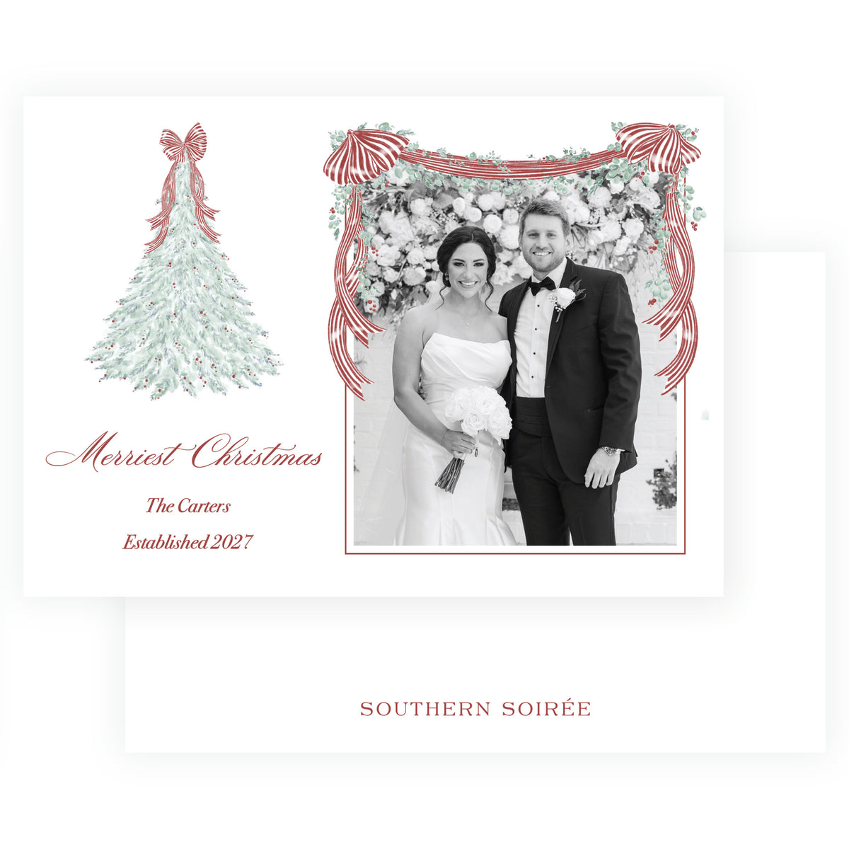 Yuletide Swans landscape Christmas photo card with watercolor berry tree and red striped ribbons