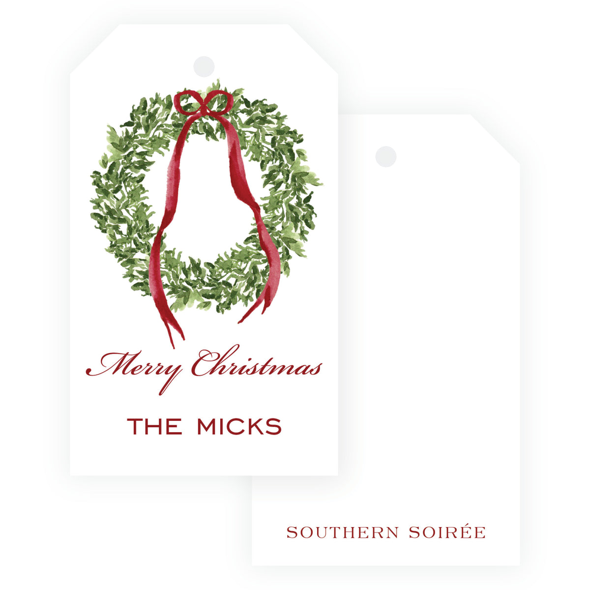 Decked in Bows Burgundy Wreath Personalized Christmas Gift Tag