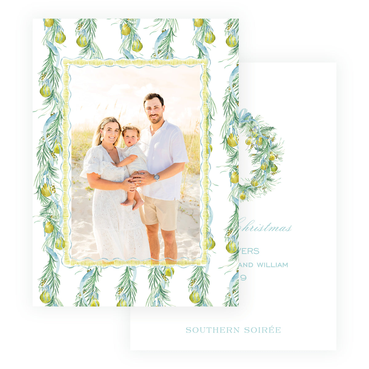 Personalized Christmas photo card with watercolor evergreen and pears with a greeting on back of card and wreath element.