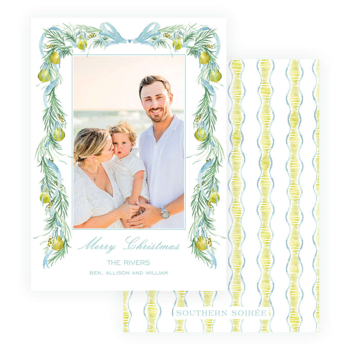 Watercolor evergreen and golden pear personalized Christmas card